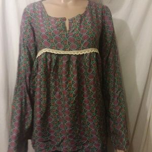 Teal red and pink ruffled blouse